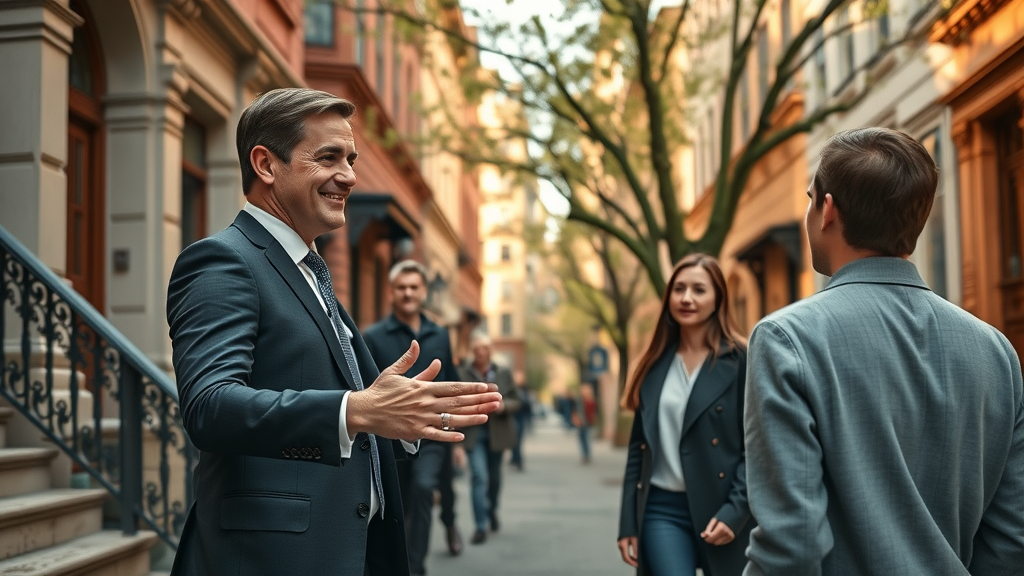 Real estate agency agent guiding clients to buy a Brooklyn brownstone