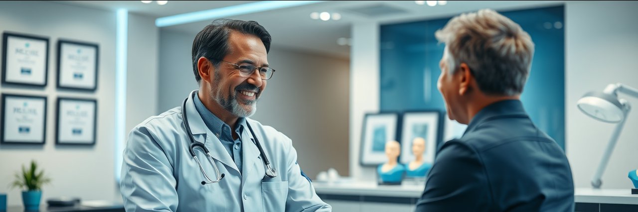 Confident cosmetic surgeon consulting with patient in a modern clinic office