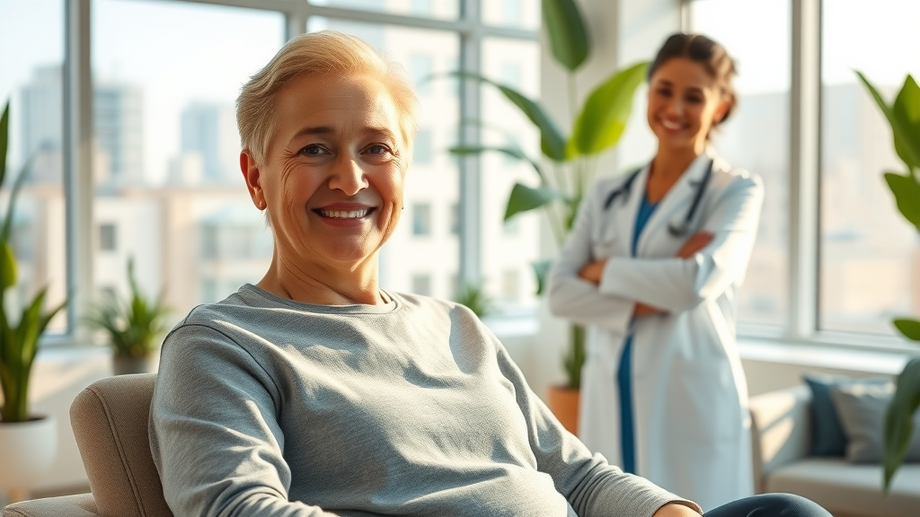 Happy post-surgery patient with supportive cosmetic surgeon in bright recovery room.