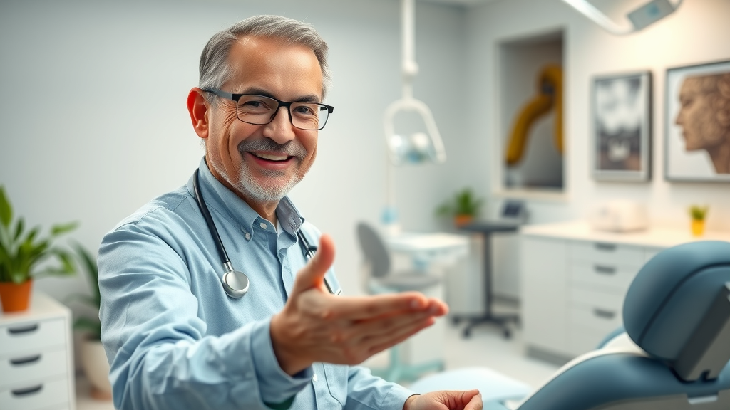 Compassionate dentist welcoming anxious patient in a modern dental office.