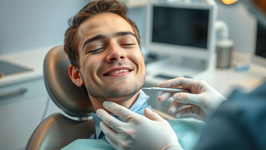 Dentist explaining procedure to smiling patient in a calm dental office.