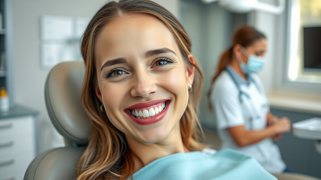 Happy dental patient with bright smile after dentist visit, modern dental clinic.
