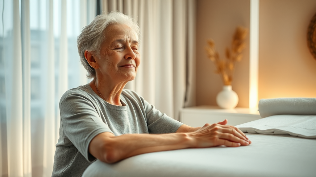 Older woman enjoying calming massage therapy for stress relief and relaxation.