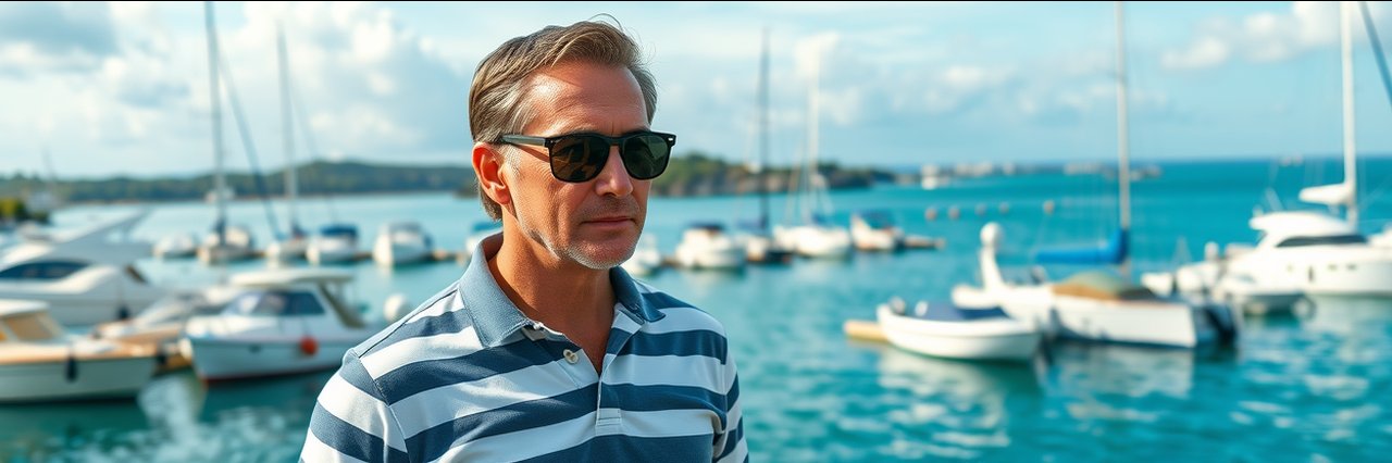Mature man by marina with boats, bright day - emergency plumbing repair
