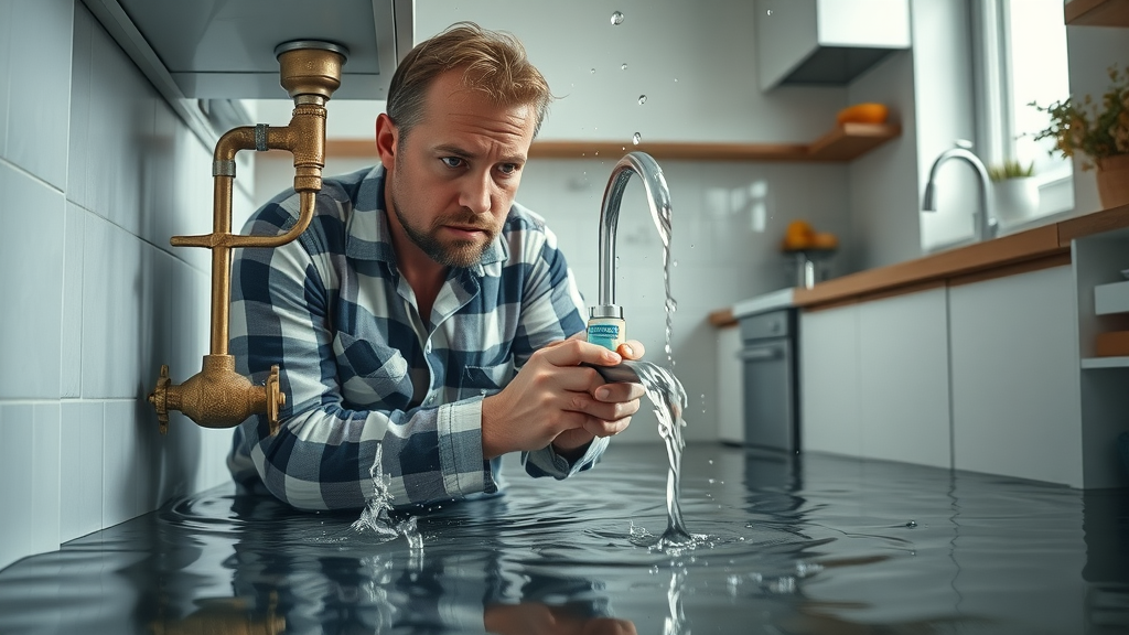 Homeowner urgently stops leak under kitchen sink during emergency plumbing repair.