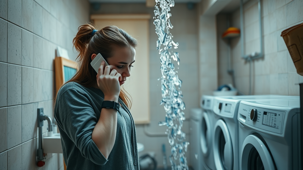 Woman calls emergency plumbing repair as pipe bursts and water floods laundry room.