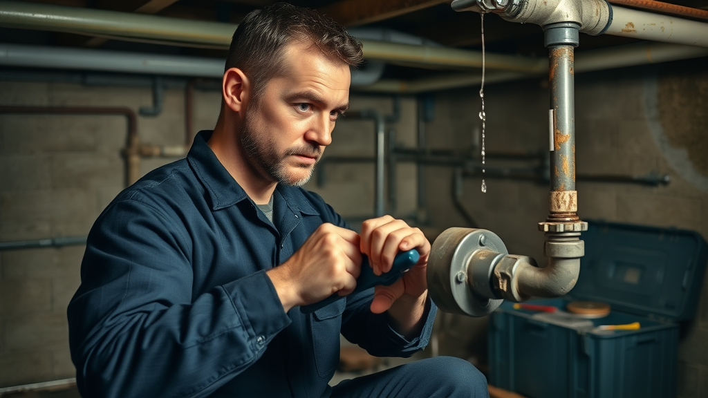 Expert plumber repairs leaking basement pipe during emergency plumbing repair.