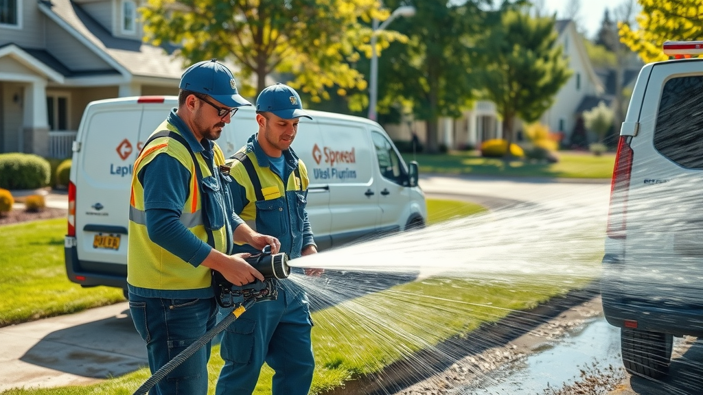 Plumbers use eco-friendly hydro jetting for emergency plumbing repair outdoors.
