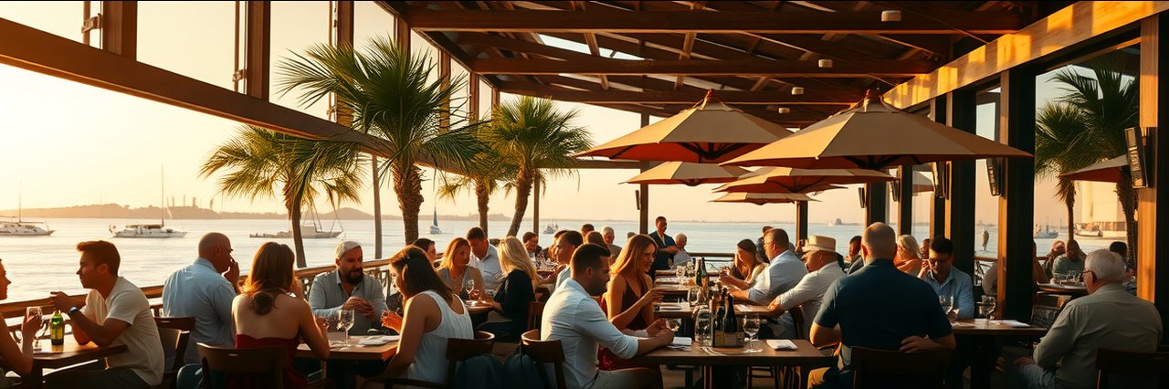 Cheerful groups enjoying a waterfront dining experience at sunset in an open-air restaurant.