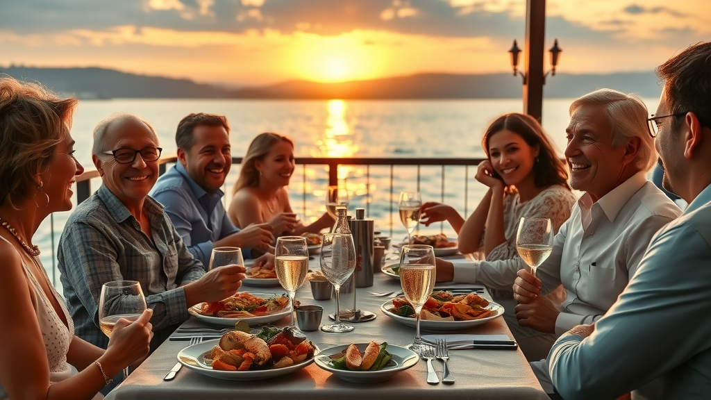 Elegant waterfront dining experience with sunset views and gourmet food