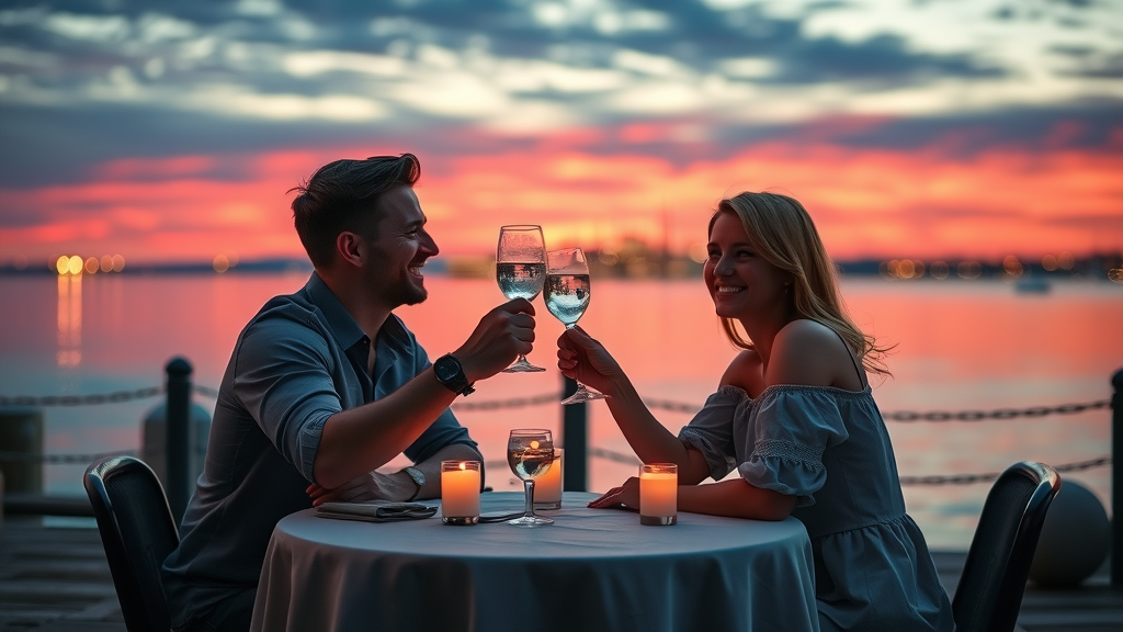 Romantic waterfront dining experience with sunset and panoramic water view