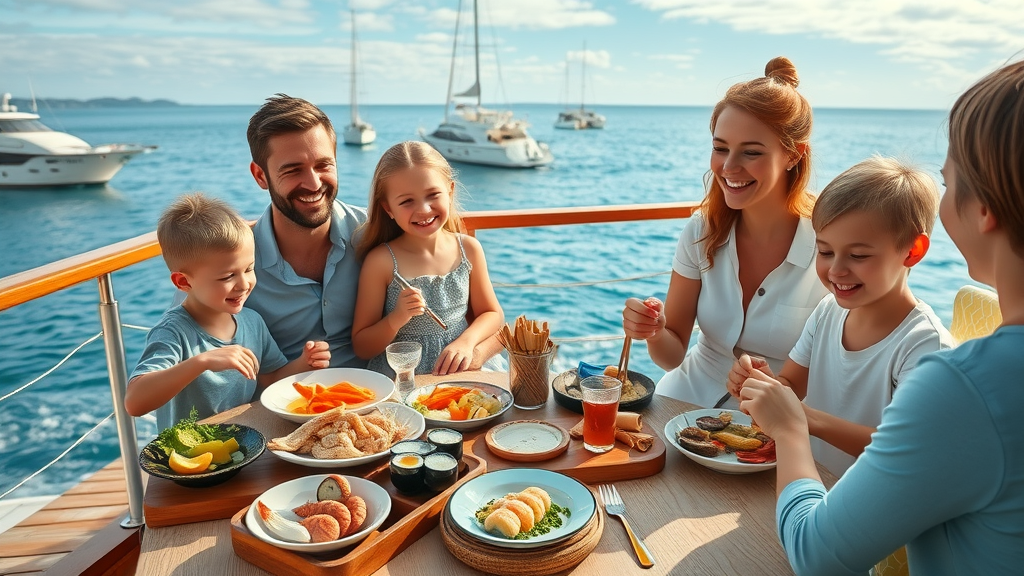 Family enjoying waterfront dining experience with bay view and seafood dishes