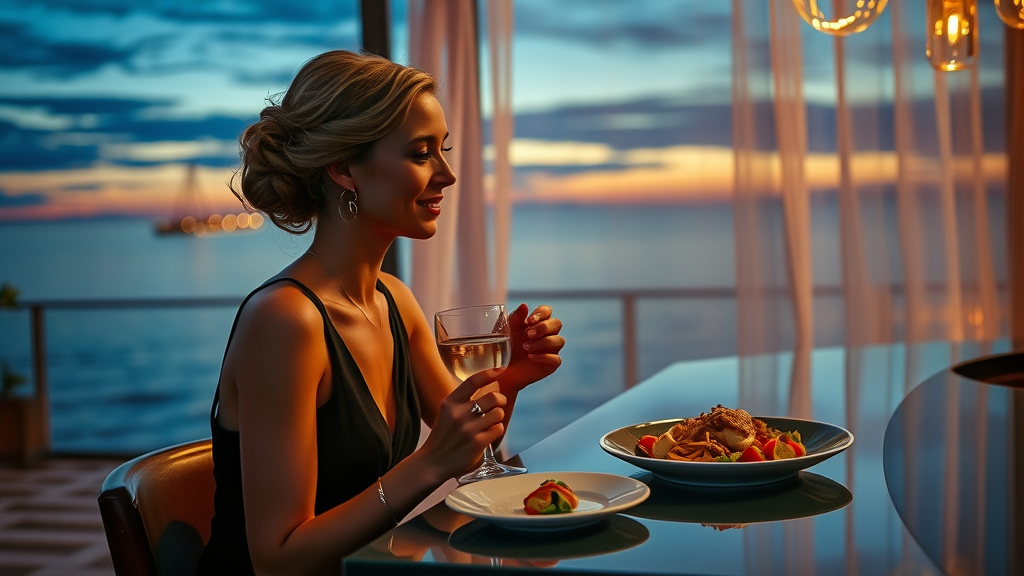 Elegant solo waterfront dining experience with twilight sea view and cocktails