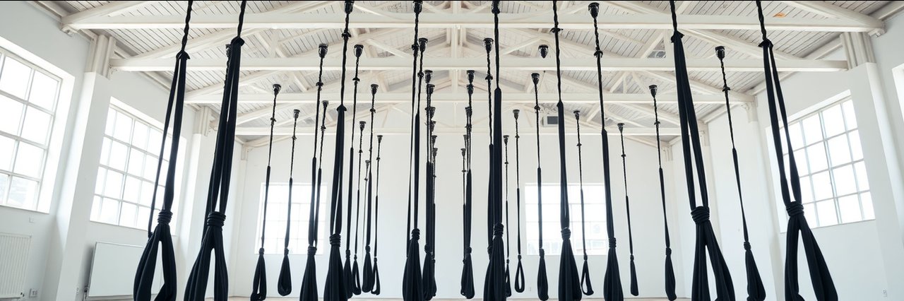 Bright yoga studio ceiling with aerial ropes for yoga teacher training.