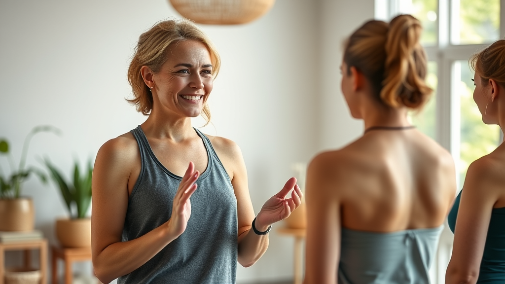 Yoga teacher guiding class alignment in bright, airy studio for yoga teacher training.