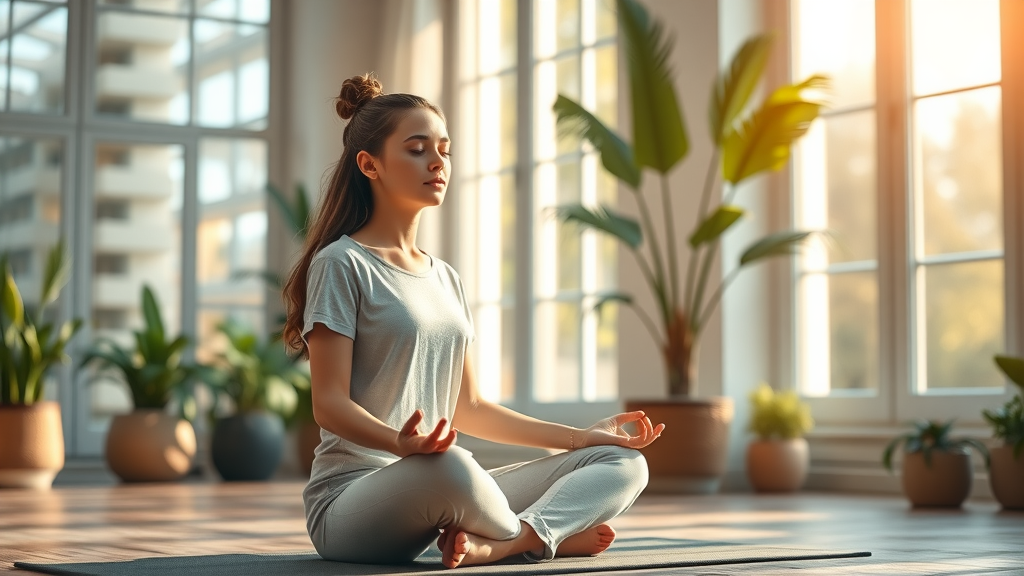 Woman in lotus pose reflecting during yoga teacher training in peaceful studio.
