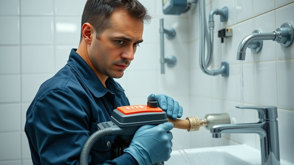Professional plumber using advanced drain cleaning solutions for clogged bathroom sink.