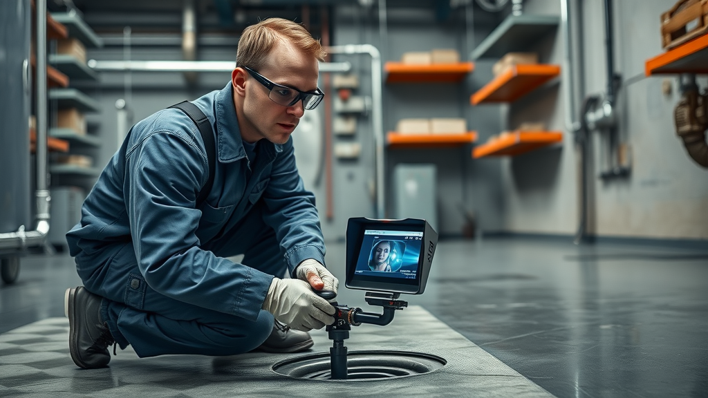 Expert plumber diagnosing clogs with modern drain cleaning solutions and camera inspection.