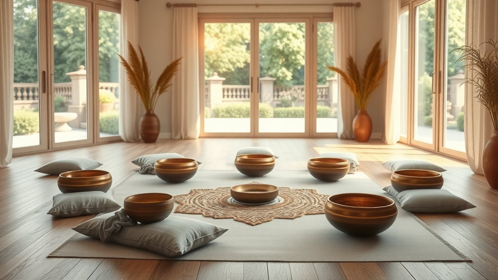 Crystal singing bowls in sunlit yoga studio for sound therapy healing.