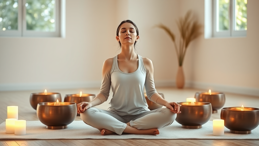 Woman meditating with crystal bowls during sound therapy for wellness.