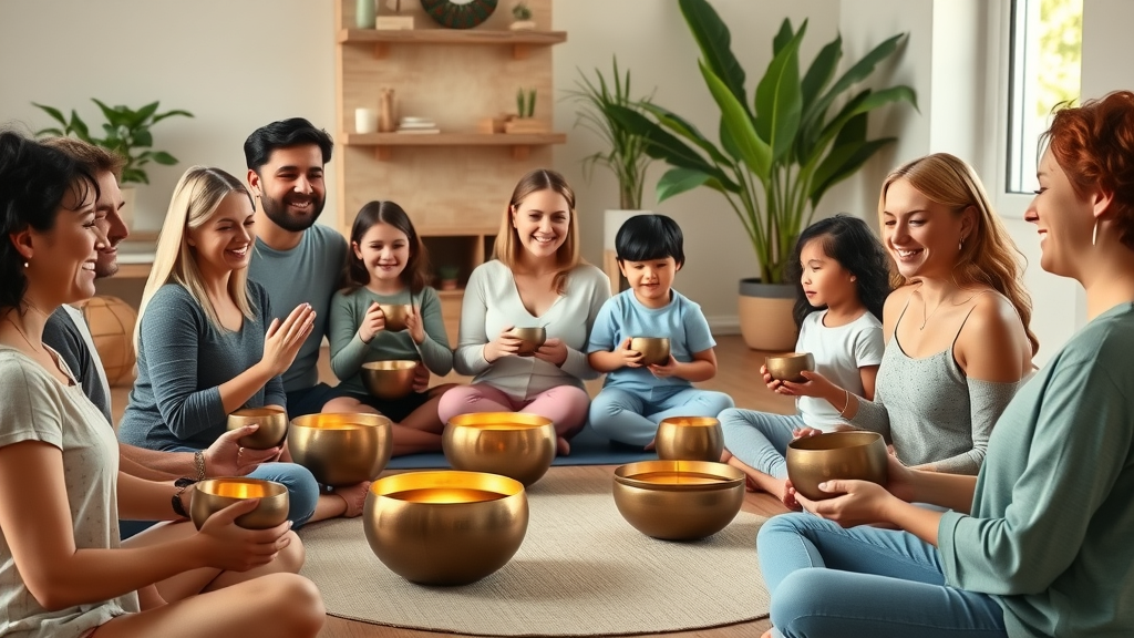 Diverse group enjoying sound therapy session in a bright yoga studio.