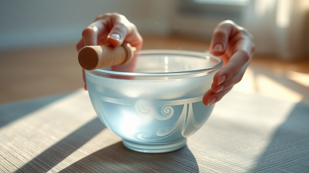 Hands playing crystal singing bowl for sound therapy healing energy.
