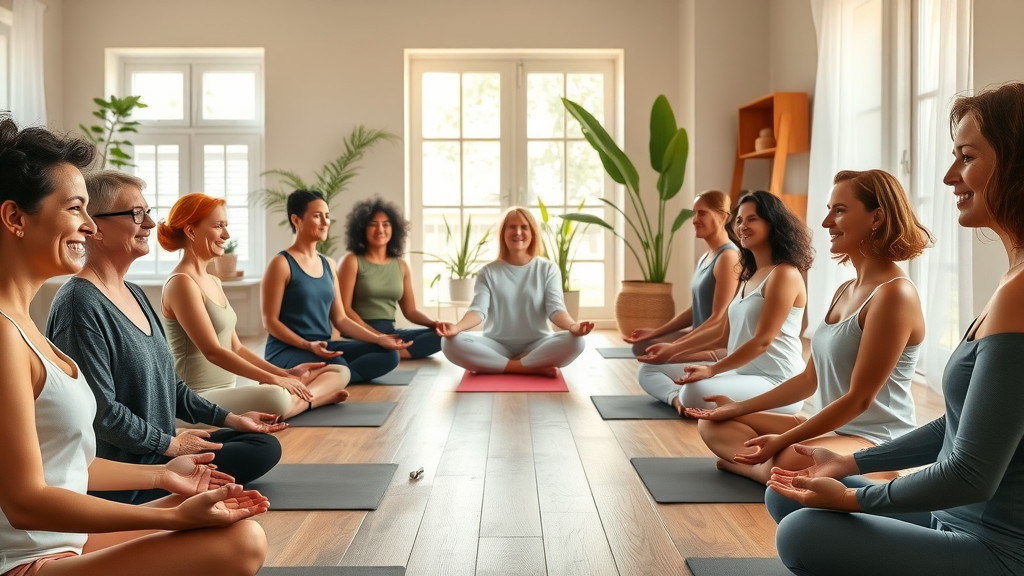 Diverse people practicing yoga wellness in welcoming sunlit studio