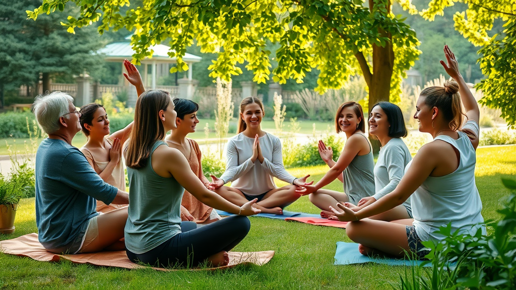 Yoga wellness group retreat in lush outdoor garden setting