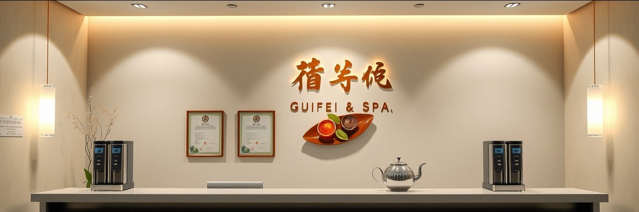 Modern Guifei spa lobby with herbal tea dispensers and relaxing decor