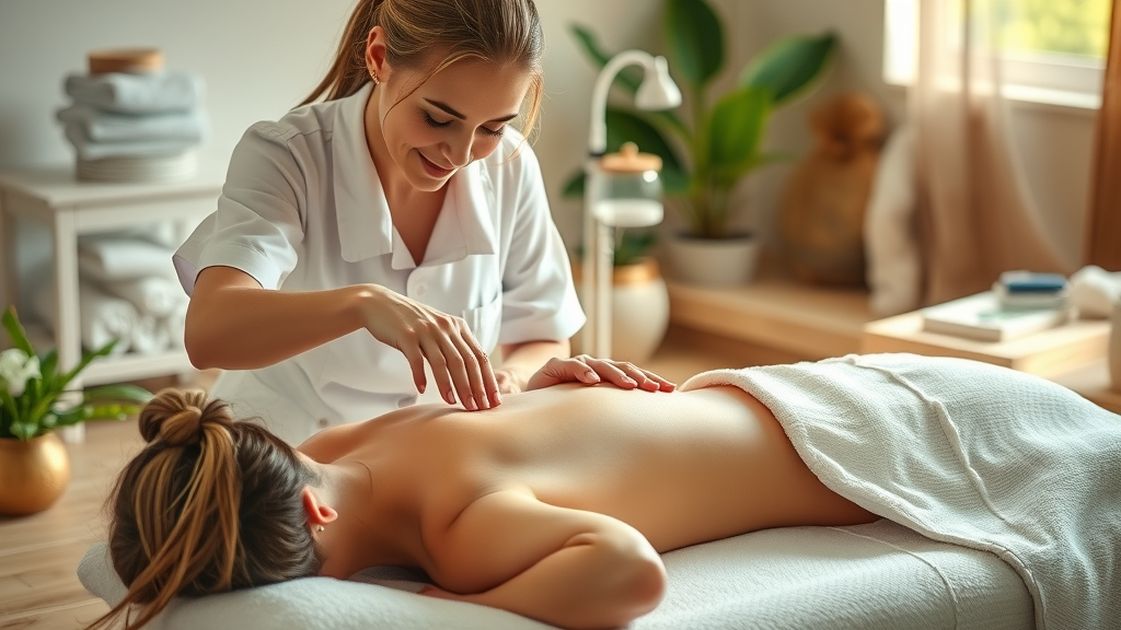 Spa therapist gives relaxing essential oil massage in calm tranquil setting