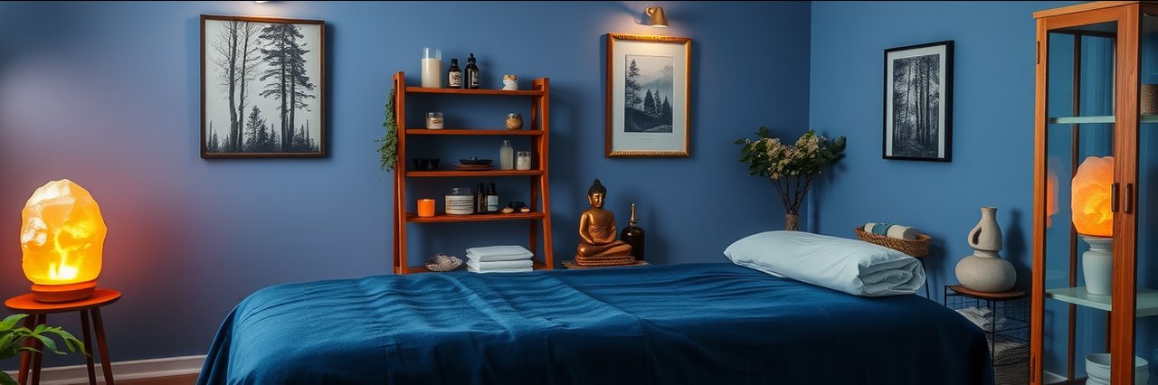 Holistic spa room with massage bed, soft lighting, and tranquil decor.