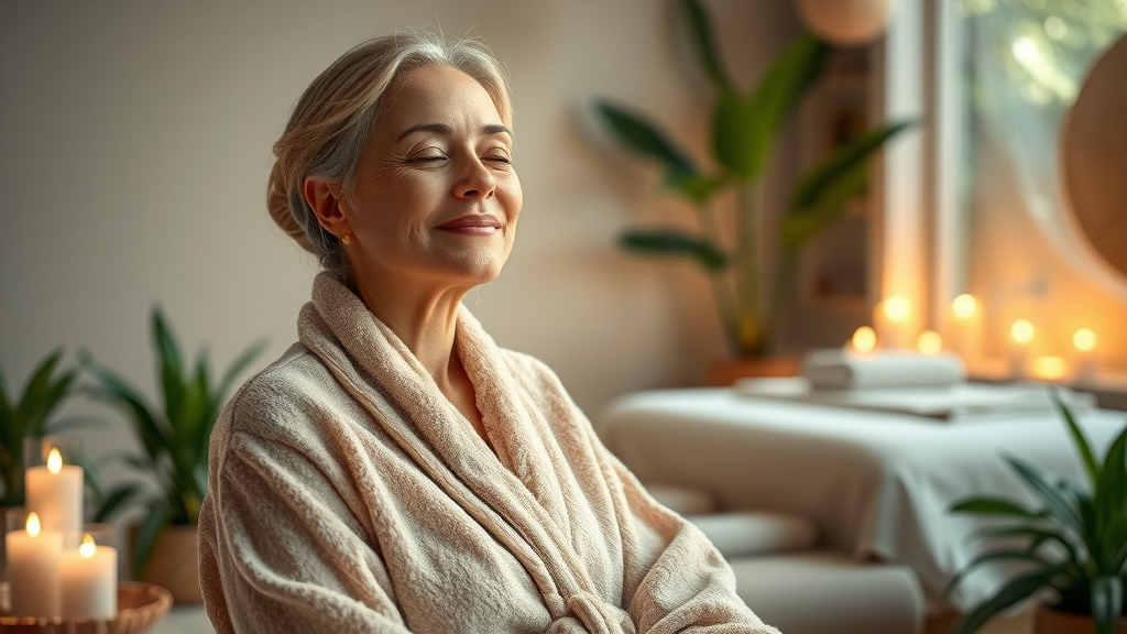Serene holistic spa sanctuary with candles, crystals, and peaceful woman