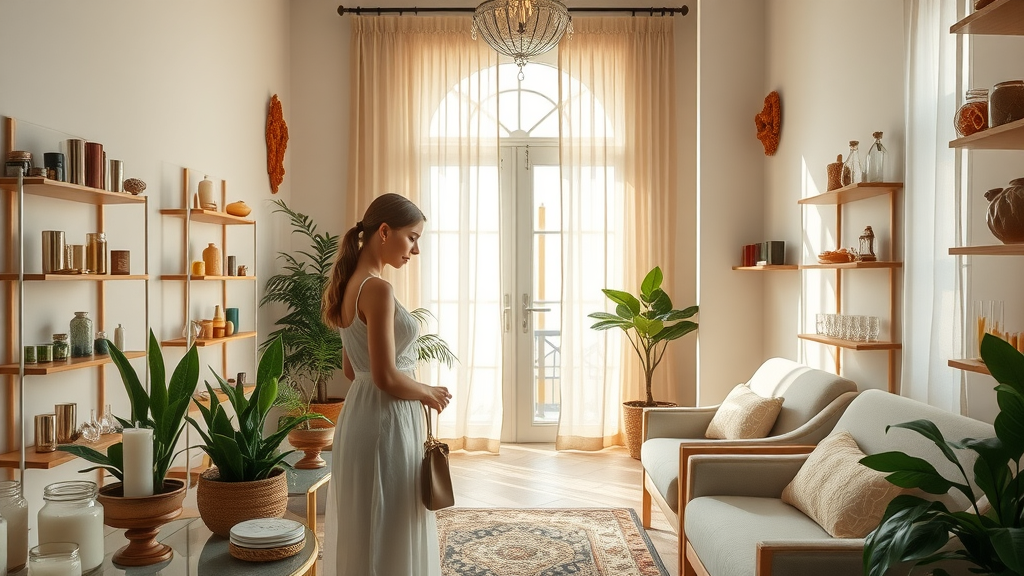 Woman explores holistic spa metaphysical shop with crystals, candles, plants