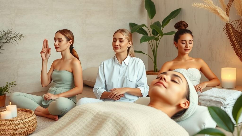 Diverse people receive holistic spa treatments in calming, natural decor environment