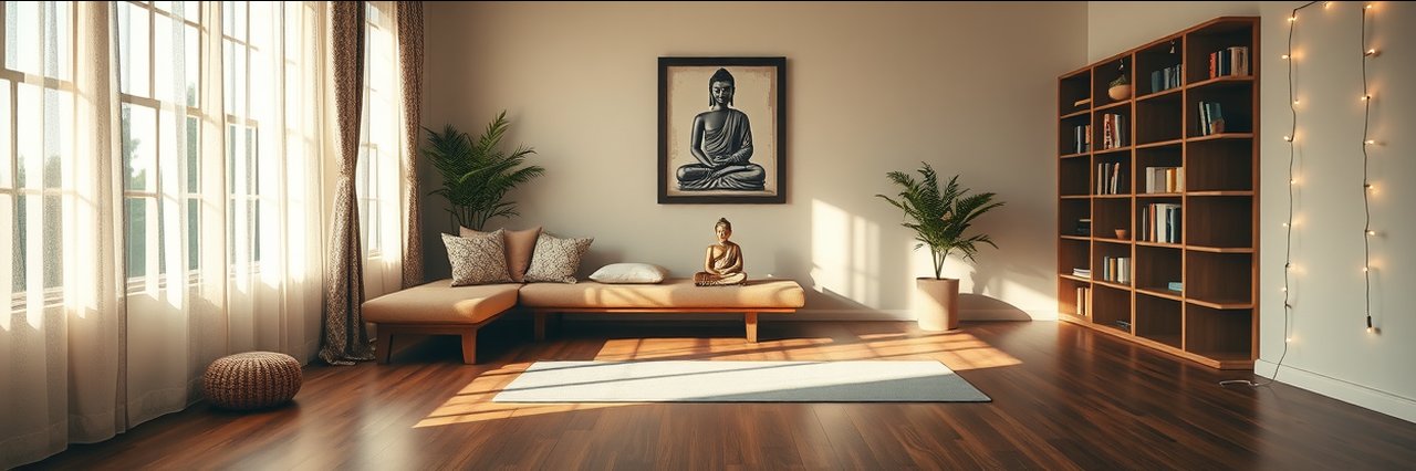 Inviting yoga studio with Buddha artwork, soft light, cozy decor, and wooden floor.