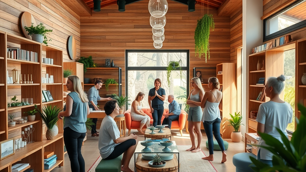 Yoga studio lounge with community shopping boutique and relaxed atmosphere