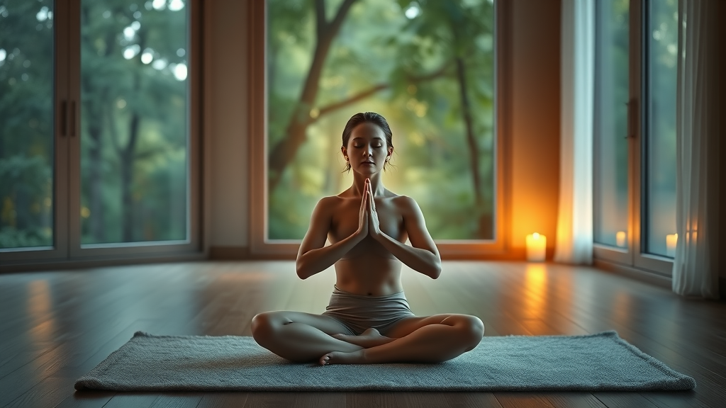 Serene yoga studio sanctuary, meditator in child’s pose, peaceful lighting