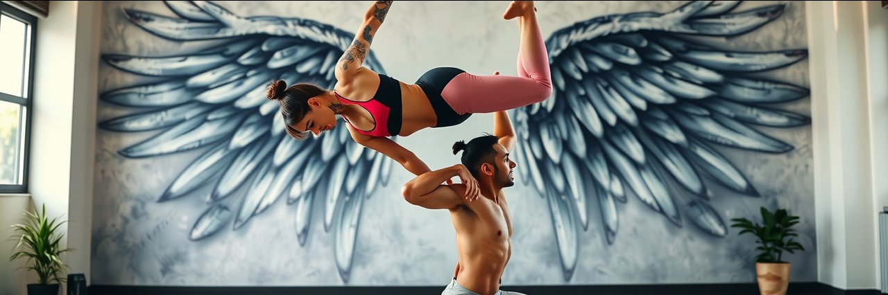 Acro yoga duo balancing in boutique yoga studio with angel wings mural background