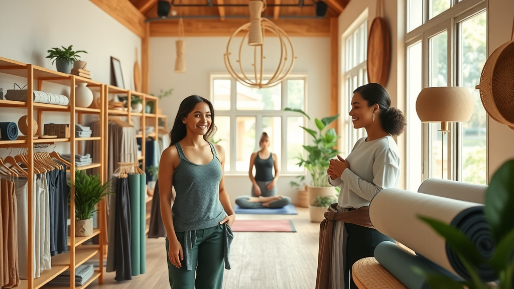 Interior of a yoga boutique with diverse women browsing unique wellness products