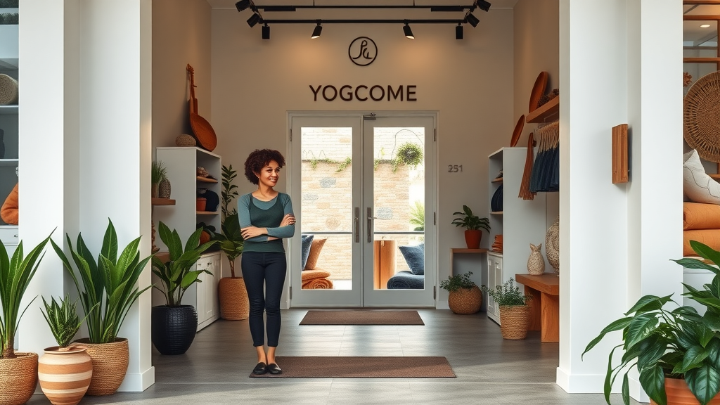 Friendly staff at local yoga boutique welcoming a customer inside tranquil shop