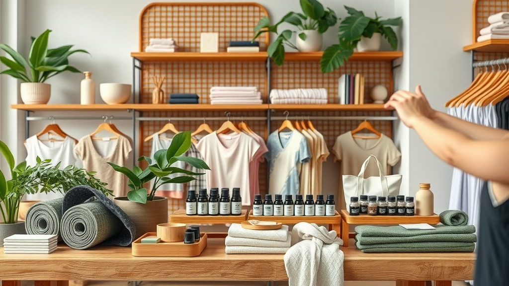 Curated yoga boutique products including mats, oils, and clothing on display