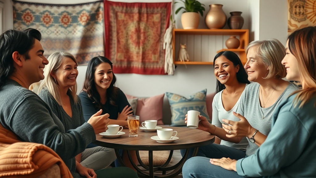 Diverse group connects in a cozy yoga boutique, sharing mindful conversation
