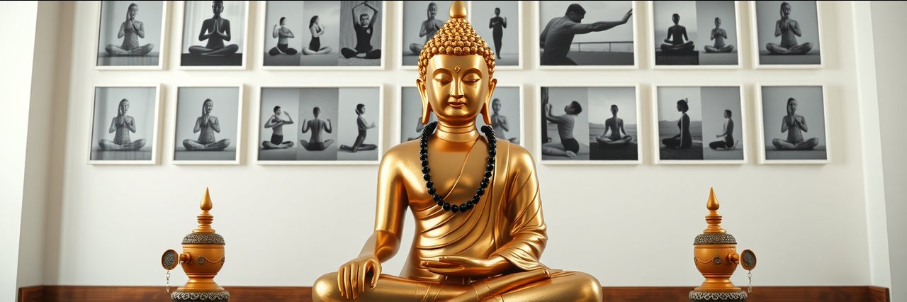 Golden Buddha statue with yoga pose photos, symbolizing Buddha rules in meditation.