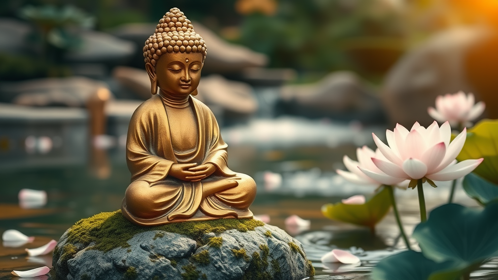 Golden Buddha statue in tranquil Zen garden, symbolizing Buddha rules for peace and happiness.