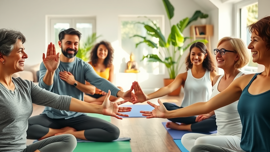 Diverse group practicing yoga in sunlit studio, reflecting Buddha rules community harmony.
