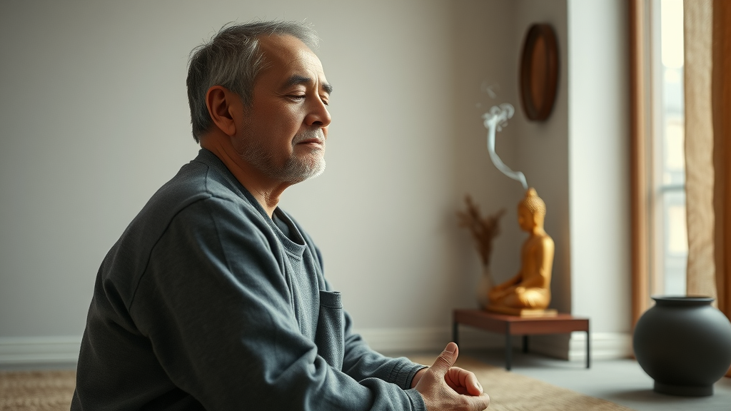 Mature man meditating at home altar, embodying Buddha rules for daily happiness and peace.