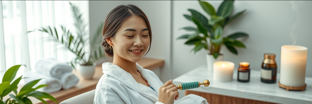 Serene spa and skincare session with young woman getting jade roller facial massage.
