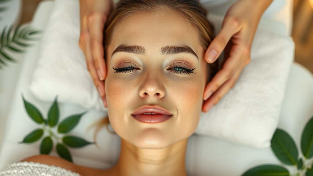Spa and skincare treatment with radiant woman enjoying facial massage.