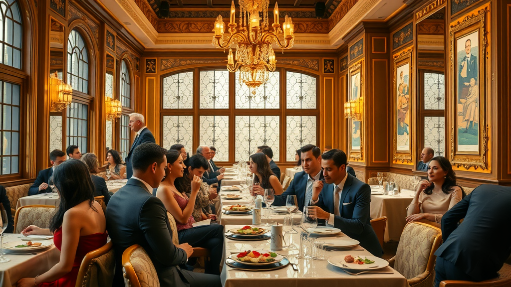 Elegant restaurant scene showing unique dining with gourmet dishes and lively ambiance.