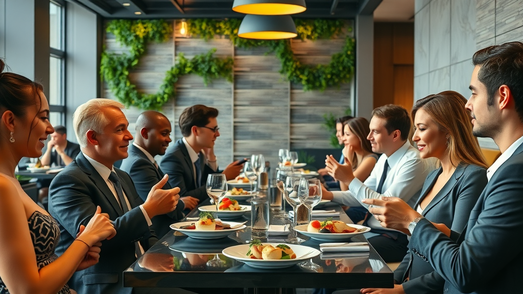 Lively business lunch highlights unique dining in a chic, contemporary restaurant setting.